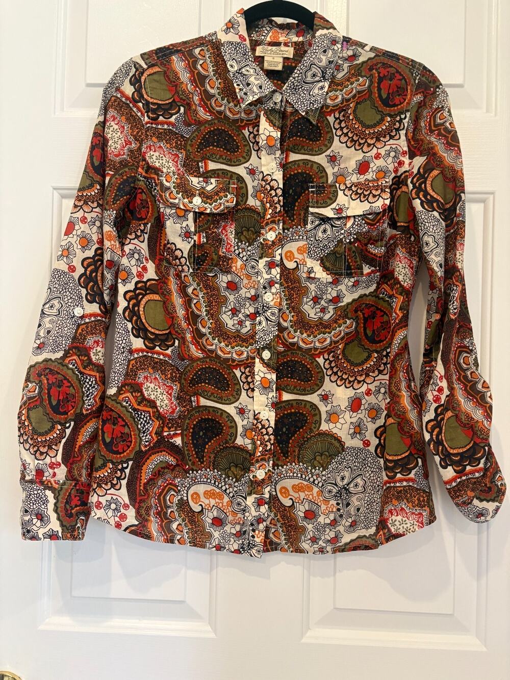 Lucky Brand Paisley Button Up Shirt Womens Size S 2-6 Retro Long Sleeve